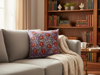 Boho Suzani Embroidered Pillow 20x20 in – Purple Red Silk Linen Cushion Cover - Image 1 of 4