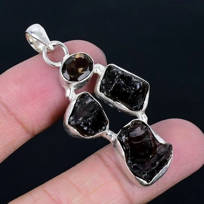 Colgante hecho a mano de cuarzo ahumado enchapado en plata 925 áspero de 2,09" Foto 1 de 3