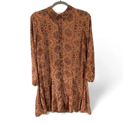 Lucky Brand Brown Paisley Mini Dress – Long Sleeve Tiered, Women’s Medium - Image 1 of 4