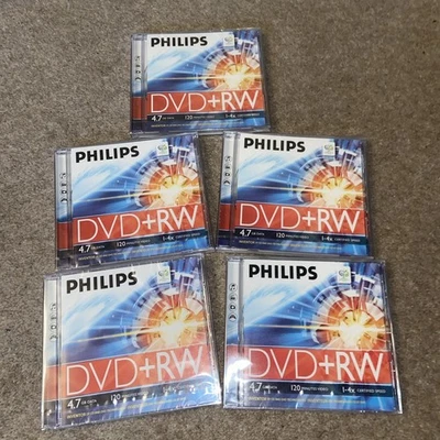 Philips DVD+RW 4.7Gb 120Min 1-4x Speed Disc x5 (New Sealed) with case - Image 1 of 3