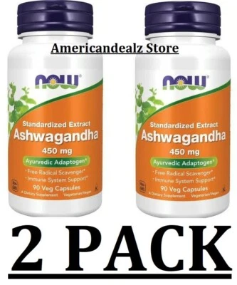 2 包 - NOW Foods 标准化提取物 Ashwagandha 450 毫克 90 粒素食胶囊 — 第 1/3 张图片