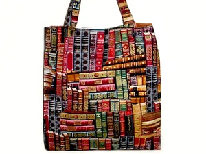 TOTE BAG FOR A BOOKWORM COTTON HANDMADE LINED WITH POCKET VINTAGE BOOKS PRINT - Picture 1 of 3