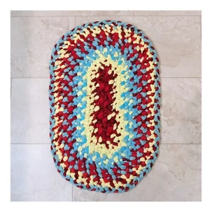 Braided Rag Rug Yellow Blue Red Woven Colorful Country Farmhouse Cottage - Picture 1 of 7