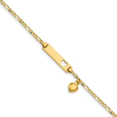14k Yellow Gold Engraveable 5mm Figaro Link Danagling Heart Baby ID Bracelet 6" - Image 1 of 3