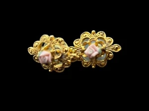 Vintage Gold Floral Filigree Earrings With Porcelain Rose Accent - Picture 1 of 5