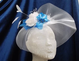 LARGE WHITE CRINOLINE WITH BLUE ORCHIDS -  FASCINATOR - HATINATOR - By Valerie J - Picture 1 of 7