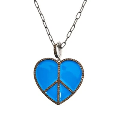 Womens Real Champagne Diamond Blue Enamel Sterling Silver Heart Pendant Necklace - Image 1 of 4