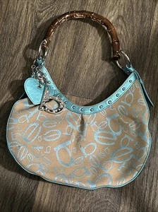 Bebe Studded Shoulder Bag Women’s Tan And Blue With Wooden Like Handle - Picture 1 of 22