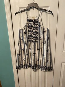 Francesca's Mi Ami Spaghetti Strap Cream Navy Blue Embroidered Striped Dress MED - Picture 1 of 7