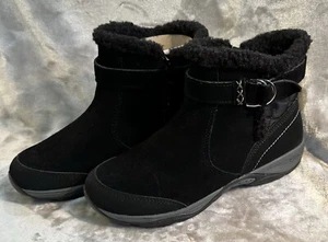 Easy Spirit Ankle Boots Womens Seelk Sz 9 Round Toe Zippered Pull On Black Fur - Picture 1 of 7