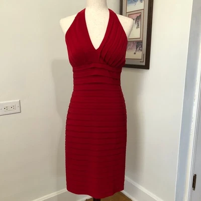 VTG Y2K Adrianna Papell Red Bandage Halter Midi Dress 8 Medium Holiday Party  - Image 1 of 4