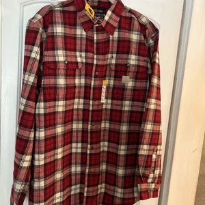 Carhartt Men’s Large L Double Pocket Plaid Flannel Work Shirt Red & White Cotton - Picture 1 of 8