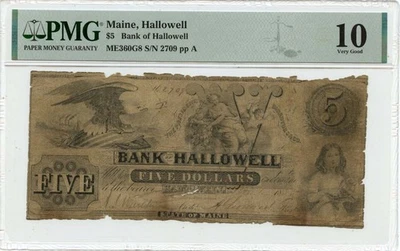 1853 $5 Hallowell, Maine Obsolete Note Bank of Hallowell PMG VG10 - Image 1 of 2