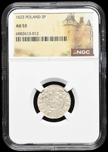POLAND. Sigismund III, Silver 1/24 Thaler (3 Polker), 1623, NGC AU53 - Picture 1 of 2