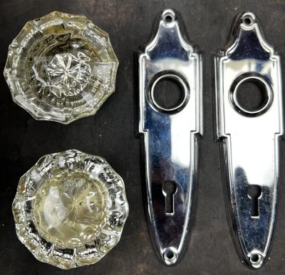 Art Deco Nickel Plated Brass Passage Set Knobs, Plates, Mortise Glass Knobs - Image 1 of 4