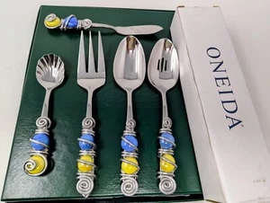5 Serving Pc Oneida NIB BlueYellow Wire Wrapped Stainless Set-Opened For Pics - Picture 1 of 6