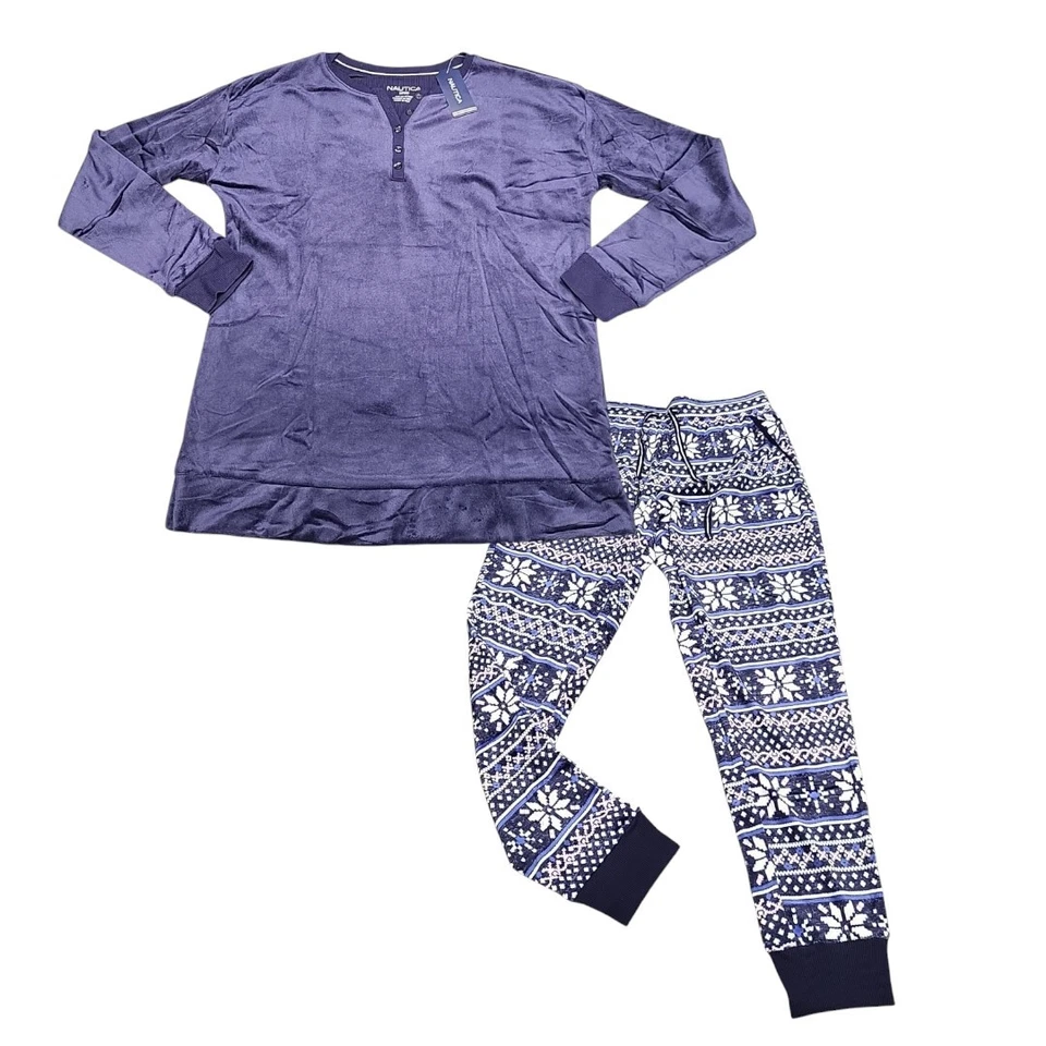 Nautica Womens S 2-Piece Sleepwear Set Silky Stretch Fleece Blue