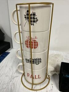 Plaid Fall Stacking Coffee Soup Mugs in Wire Rack 14.2oz Stoneware 4 Cups - Picture 1 of 15