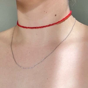 Rote kleine Perlen Halsband Perlenkette zart zierlich Lagenlook Handarbeit USA Y2K - Bild 1 von 12