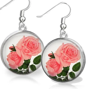 Vintage La France Pink Rose Earrings Botanical Lithograph Dangle Earrings - Picture 1 of 2