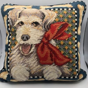 Dog with Bow Molly Needlepoint Pillow Through The Looking Glass Terrier Bones - Picture 1 of 10