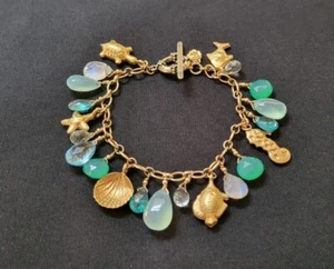 Melinda Lawton Yellow Gold Fill Aquamarine Topaz Moonstone Charm Bracelet - Picture 1 of 7