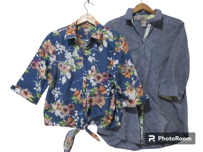 Lote de 2 Blusa SIN HIERRO Talla M 1 Chicos Algodón Floral Corbata Frontal + Camisa de Lino 8 10 Foto 1 de 4