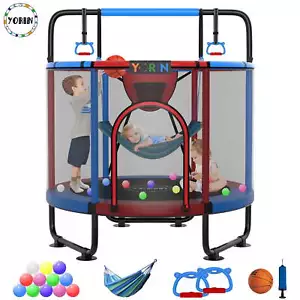 Kids 60'' Toddler Mini Trampoline with Enclosure Net Basketball Hoop 5FT Indoor - Picture 1 of 7