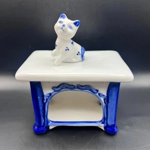Vintage Kitty Cat Figurine Statue on the Table Hand Painted Cobalt Ceramic GZHEL - Picture 1 of 8