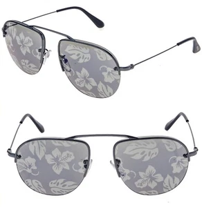 PRADA TEDDY PR58OS Aviator Gunmetal Blue Hibiscus Mirrored Print Sunglasses 58O - Picture 1 of 12