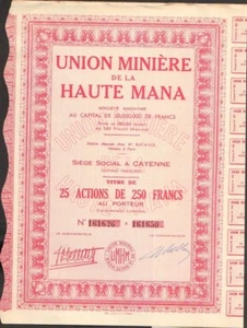 Union Minière de la HAUTE MANA - titre de 25 actions (CAYENNE GUYANE) 50 ME (E) - Picture 1 of 1