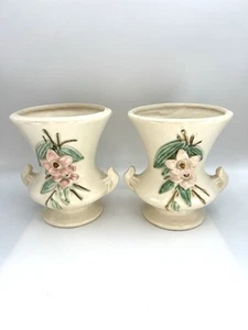 McCoy Pottery 1940s Vintage Vases Set Of 2 Blossom Time Floral Pink Flower - Picture 1 of 13