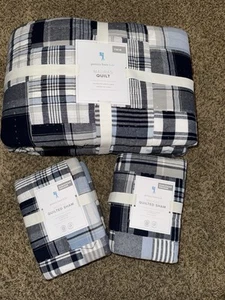 Pottery Barn Madras Plaid Quilt Twin & 2 Euro Sham Blue Tonal Patchwork Kids 3pc - Picture 1 of 3