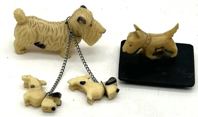4 японских винтажных целлулоидных шотландских терьера для мамы и 2 младенцев и 1 на основании - Изображение 1 из 4