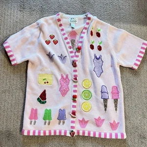 The Quacker Factory Pink Cardigan Sweater Sz Large Swimsuits And Ice Cream Fruit - Picture 1 of 9