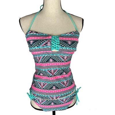 Island Soul Tankini Swimsuit Pink Ikat Stripe Halter Strapless Bikini Womens Sm - Image 1 of 4