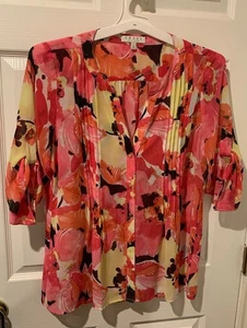 Chaus Womens Large Button Up Blouse Top  Sheer Pink Floral Button Tab 3/4 Sleeve - Picture 1 of 6