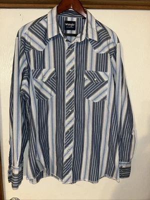 Camisa WRANGLER Para Hombres Western Frontal a Presión Perla Broches a Rayas Azul y Crema. XL Foto 1 de 4