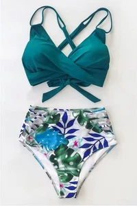 Bikini a vita alta Tropical Palms Twist-Front - Taglia XS - Nuovo con etichette - Foto 1 di 9