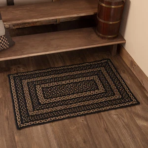 Accent Rug Black & Tan Jute Primitive 24x36 Braid Rect Striped Floor VHC Brands - Picture 1 of 6