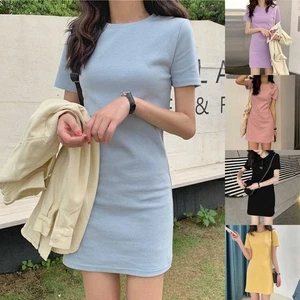 Elegant Women's Summer Dress MidLong Short Sleeve T shirt Dress in Candy Color - Picture 1 of 25