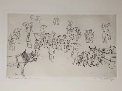Reinhold Nägele (1884-1972) Radierung - Verregneter Viehmarkt 1933 handsigniert - Bild 1 von 4