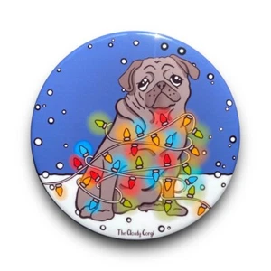 Black Pug Dog Christmas Pinback Button Badge Handmade Retro Pet Art Gift 2.25" - Picture 1 of 15