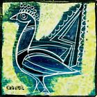 Ceramic Art Tile Graffiti Peacock Surreal Geometric Cubism Blue Bird Mid-Century