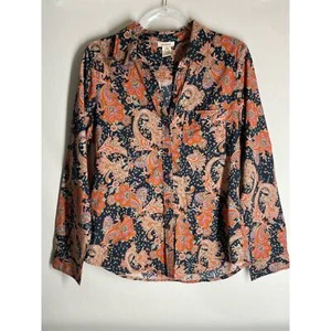 Sundance Navy Orange Paisley Floral Printed Long Sleeve button Down Blouse 12 - Picture 1 of 4