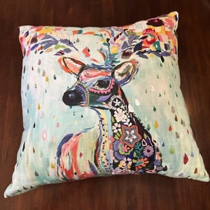 Anthropologie Throw Pillow Starla Halfmann Deer Embroidered Blue Accent Retired - Picture 1 of 11