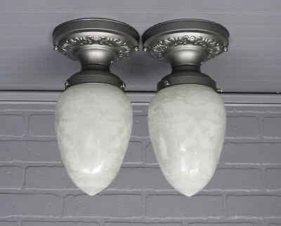 一对维多利亚式古董半吸顶灯 11 英寸落缎镍 — 第 1/4 张图片