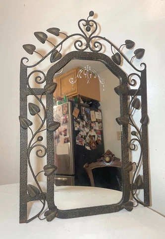 antique hammered hand wrought iron leaf vine wall console mirror Oscar Bach? Cover