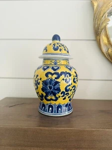 VINTAGE BLAU & GELB CHINOISERIE DECKEL INGWER GLAS 7 “/ 4 “ - Bild 1 von 12