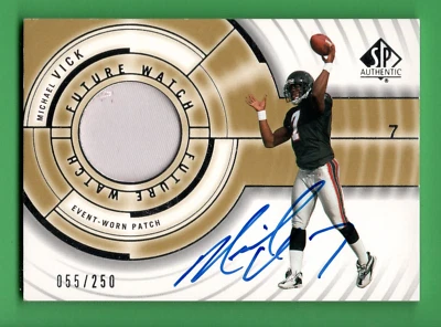 2001 SP AUTHENTIC MICHAEL VICK AUTO PATCH RC **55/250** **GO FALCONS** - Image 1 of 2